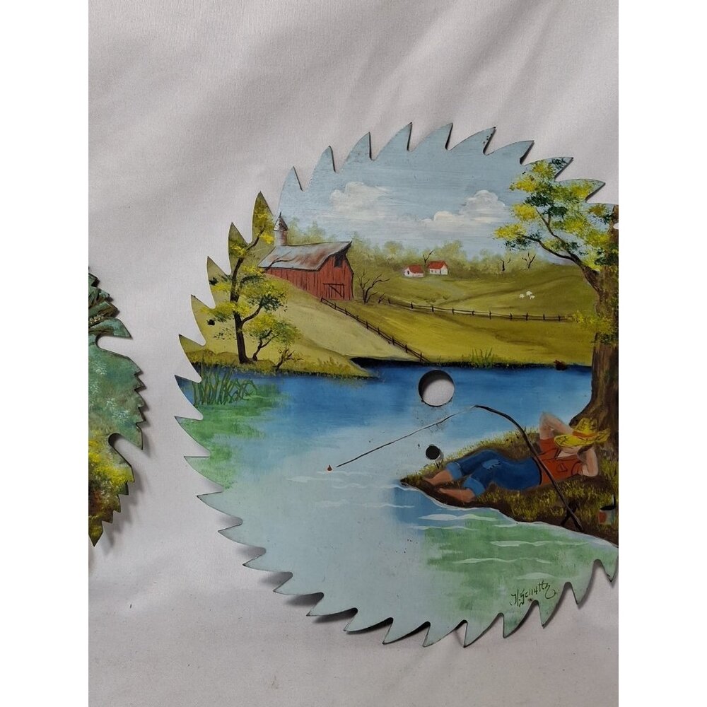 Hand painted Saw Blade, Farm Scene w/ Barn, Boy FIshing Water Trees, Fence, 9" - Picture 3 of 5